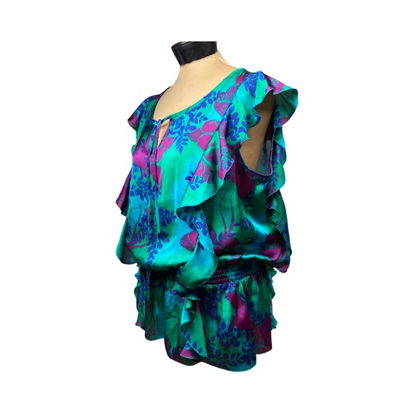 Express Womens Sleeveless Floral Ruffle Front Peplum Blouse With Elastic Waist - Picture 4 of 14